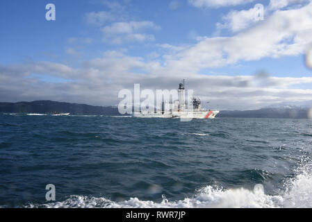 Il Guardacoste Alex Haley (WMEC 39), un 282-piede di medie endurance taglierina, transiti Chiniak Bay mentre si conduce una formazione congiunta esercizio con i membri dalla Coast Guard Maritime squadra di risposta di sicurezza ad ovest e la 176ala, 210th Rescue Squadron Alaska Air National Guard nei pressi di Kodiak, Alaska, Feb 23, 2019. L'Alex Haley conduce regolarmente operazioni di ricerca e salvataggio, l'applicazione della legge nazionale e di controllo delle attività di pesca nelle acque dell'Alaska. Stati Uniti Coast Guard foto di Sottufficiali di terza classe Lauren Dean. Foto Stock