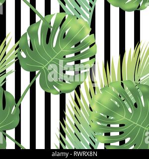 Bella astratta tropicale di colore verde e foglie di palmo seamless pattern vettoriali su uno sfondo di diagonale geometrica in bianco e nero e le linee bianche Illustrazione Vettoriale