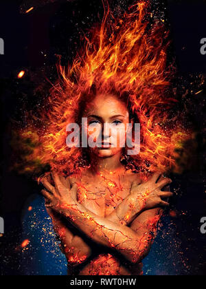Dark Phoenix (2019) diretto da Simon Kinberg e interpretato da Sophie Turner, Jennifer Lawrence e James McAvoy. Jean Grey soccombe al lato oscuro della sua potenza e si trasforma in Dark Phoenix. Può la X-Men per salvare il suo? Foto Stock