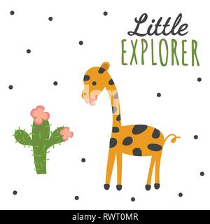 Little explorer - disegnato a mano poster di vivaio con graziosi giraffa e disegnati a mano scritte. Illustrazione Vettoriale. Illustrazione Vettoriale