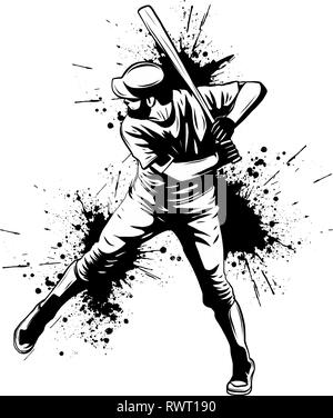 Giocatore di baseball, hitter oscillante con bat, astratto vettore isolato silhouette, disegno a inchiostro Illustrazione Vettoriale