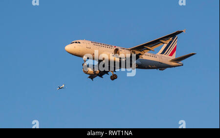 Un Air France Airbus A319-111 aereo atterra all'aeroporto di Heathrow a Londra ad ovest. Foto Stock