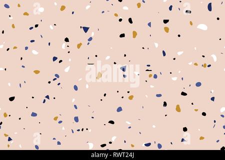 Perfetta ripetizione di modello di terrazzo in blu, giallo e bianco e nero pastello su sfondo rosa. Elegante e alla moda della pietra composita texture, sfondo, Illustrazione Vettoriale