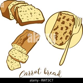 Schizzi colorati di carota pane pane. Vettore di disegno di cibo lievitato, usualmente noto in Irlanda. Pane colorato illustrazione serie. Illustrazione Vettoriale