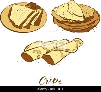 Schizzi colorati di crêpes pane. Per il disegno vettoriale Pancake di cibo, usualmente noto in Francia. Pane colorato illustrazione serie. Illustrazione Vettoriale