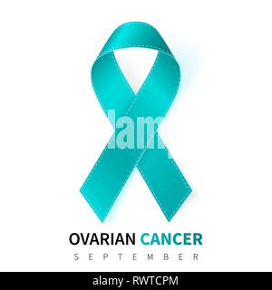 Il cancro ovarico Awareness Month. Realistico Teal simbolo a nastro. Medical Design. Illustrazione Vettoriale. Illustrazione Vettoriale