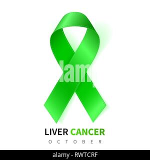 Il cancro al fegato Awareness Month. Realistico verde smeraldo simbolo a nastro. Medical Design. Illustrazione Vettoriale. Illustrazione Vettoriale