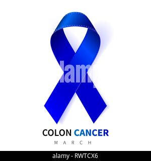 Tumori del colon-retto, il cancro del colon Awareness Month. Realistico Dark Blue Ribbon simbolo. Medical Design. Illustrazione Vettoriale. Illustrazione Vettoriale