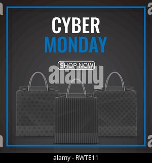 Cyber lunedì vendita. Carta realistico shopping bag con manici isolati su sfondo scuro. Illustrazione Vettoriale. Illustrazione Vettoriale