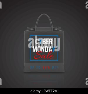 Cyber lunedì vendita. Carta realistico shopping bag con manici isolati su sfondo scuro. Illustrazione Vettoriale. Illustrazione Vettoriale