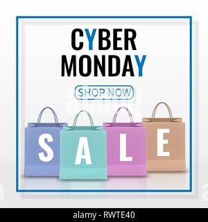 Cyber lunedì vendita. Carta realistico shopping bag con manici isolati su sfondo bianco. Illustrazione Vettoriale. Illustrazione Vettoriale
