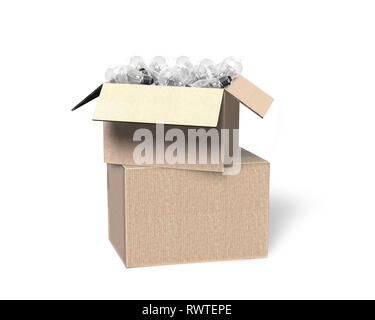 Pila di aperto la scatola di cartone con lampadine, isolato su bianco, 3D'illustrazione. Foto Stock