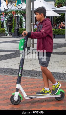 Mar Gen primo 2019, a Auckland Nuova Zelanda - un giovane ragazzo adolescente gode a cavallo di un lime noleggiato scooter elettrici lungo il marciapiede in città di Auckland durante t Foto Stock