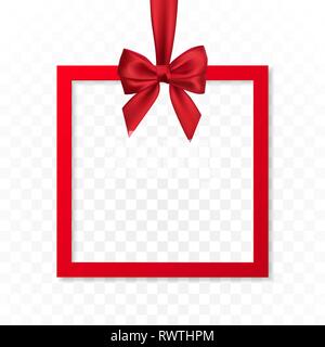Luminose holiday gift box banner telaio appeso con un nastro rosso e setoso bow su sfondo trasparente. Illustrazione Vettoriale. Illustrazione Vettoriale