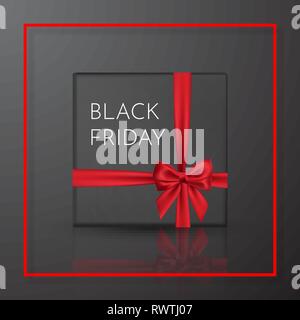 Venerdì nero. Realistico confezione regalo nera con fiocco rosso e il nastro. Elemento di decorazione regali, saluti festivi. Illustrazione Vettoriale. Illustrazione Vettoriale