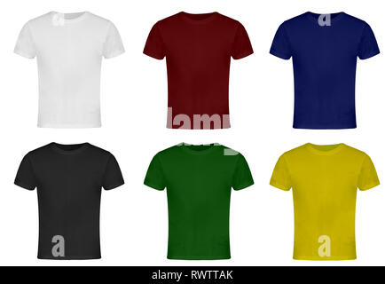 Fustellato T-shirts. Bianco, Rosso, blu, grigio, verde, giallo. Parte anteriore Foto Stock