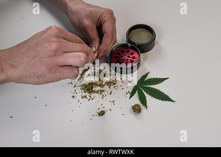 L'uomo di laminazione la marijuana medica joint con carta trasparente. Boccioli di marijuana, erbacce, leaf e gringer su sfondo bianco. La Cannabis Foto Stock
