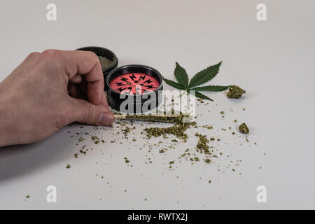 L'uomo di laminazione la marijuana medica joint con carta trasparente. Boccioli di marijuana, erbacce, leaf e gringer su sfondo bianco. La Cannabis Foto Stock