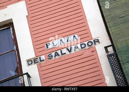 Plaza Salvador strada segno, Siviglia, Spagna Foto Stock