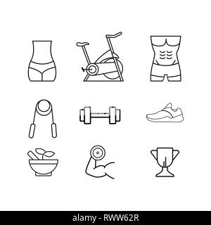 Semplice insieme di idoneità relativi linea del vettore icone. Contiene le icone come allenamento, dormire, piano di dieta, Sport supplementi, nutrizione e molto di più Illustrazione Vettoriale