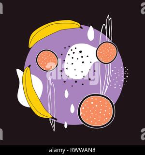 Frutti Esotici banane dragonfruit stilizzata di contrasto dei colori nero bianco giallo arancione Illustrazione Vettoriale