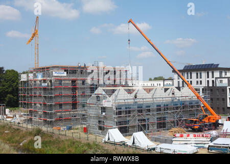 Costruzione di gru, ponteggi, sito in costruzione, ruvida edifici, edifici residenziali, Cloppenburg, Bassa Sassonia, Germania, Europa Foto Stock