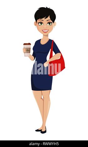 Felice moderno business donna con capelli corti. Bella Signora imprenditrice tenendo una tazza di caffè. Attraente personaggio dei cartoni animati per qualsiasi finalità. V Illustrazione Vettoriale