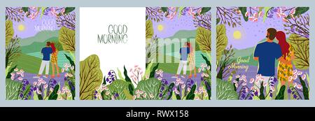 Buona mattina. Coppia giovane incontra il nuovo giorno. Sunrise, colline, fiori, alberi, paesaggio naturale in un elegante appartamento carino stile. Set di illustrazione vettoriale Illustrazione Vettoriale