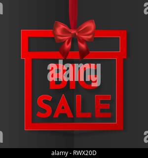 Grande vendita. Luminose holiday gift box banner telaio appeso con un nastro rosso e setoso bow su sfondo scuro. Illustrazione Vettoriale. Illustrazione Vettoriale