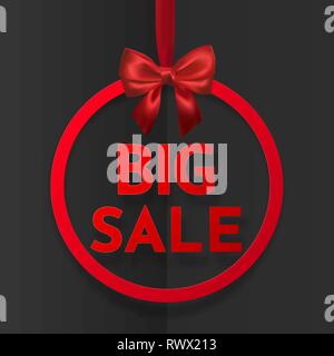 Grande vendita. Vacanza brillante cornice rotonda banner appesi con un nastro rosso e setoso bow su sfondo scuro. Illustrazione Vettoriale. Illustrazione Vettoriale