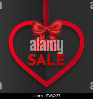 Grande vendita. Vacanza luminoso cuore banner telaio appeso con un nastro rosso e setoso bow su sfondo scuro. Illustrazione Vettoriale. Illustrazione Vettoriale