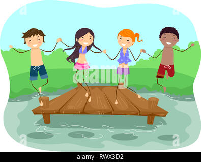 Illustrazione di Stickman Teens salta fuori da un dock in un lago da campeggio Foto Stock