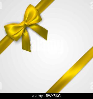 Realistico golden bow con oro, giallo nastri isolato su bianco. Elemento di decorazione regali, saluti festivi. Illustrazione Vettoriale. Illustrazione Vettoriale