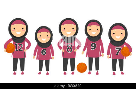 Illustrazione di Stickman ragazzi ragazze musulmane di indossare il hijab e squadra di basket uniforme Foto Stock