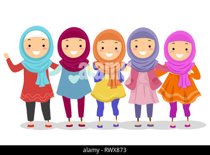 Illustrazione di Stickman bambini musulmani ragazze che indossano hijab e stare in piedi come un team Foto Stock