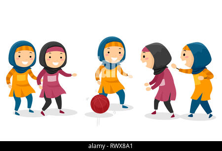 Illustrazione di Stickman musulmano ragazze ragazzi giocare la pallacanestro Foto Stock
