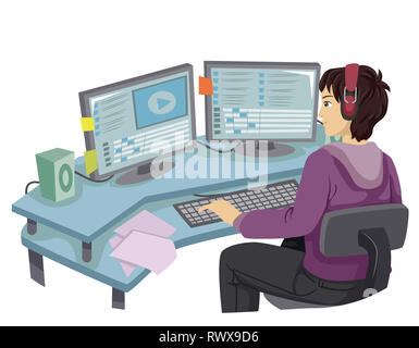 Illustrazione di un ragazzo adolescente utilizzando Computer Video Editing su più monitor Foto Stock