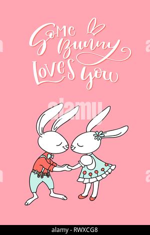 Scheda di pasqua con due simpatici baciare i conigli e il testo scritto a mano alcuni bunny vi ama. Il concetto cristiano di vacanze di primavera congratulazioni. Vettore i Illustrazione Vettoriale
