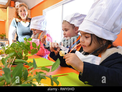 07 marzo 2019, il Land Turingia, Erfurt: Kerstin Ullrich (l) dalla scuola di cucina "iss è stato' prepara gli spiedini di frutta con i bambini dalla scuola materna Johannesplatz a Erfurt alla presentazione delle "Julchens Kochmobil' dalla Fondazione Kinderplanet. La cucina mobile è dotata di una cucina per uso domestico e di una superficie di lavoro, dove i bambini possono preparare il proprio cibo sotto la guida di un cuoco. Foto: Martin Schutt/dpa-Zentralbild/dpa Foto Stock