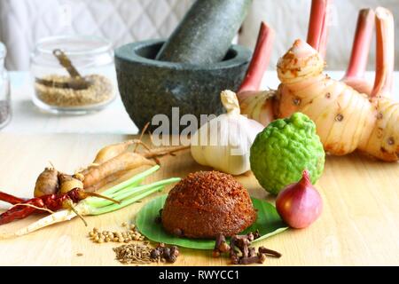 Curry tailandese rossa pasta con ingredienti freschi e di mortaio Foto Stock