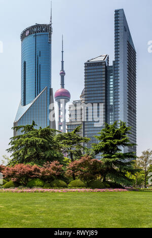 Bocom torri finanziari, Banca di Cina la torre e la Oriental Pearl Tower offrono uno splendido sfondo per la serenità di Lujiazui Park. Shanghai, Cina. Foto Stock