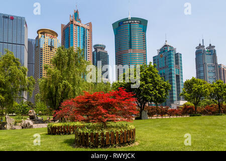 Una linea di magnifici grattacieli affacciato sul parco di Lujiazui. Il Pudong. Shanghai, Cina. Foto Stock