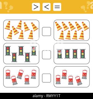 L apprendimento della matematica, numeri - scegliere di più, meno o uguale a. Attività per l'aggiunta per bambini in età prescolare, foglio di lavoro per i bambini. Gioco di conteggio - Segnaletica stradale Illustrazione Vettoriale