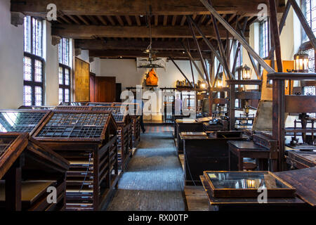 Negozio di stampa che mostra il XVIII secolo casi tipo e il XVII secolo le presse di stampa nel Museo Plantin-Moretus / Plantin-Moretusmuseum, Anversa, Belgio Foto Stock