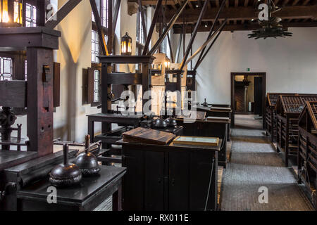 Negozio di stampa che mostra il XVIII secolo casi tipo e il XVII secolo le presse di stampa nel Museo Plantin-Moretus / Plantin-Moretusmuseum, Anversa, Belgio Foto Stock