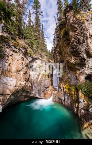 Cascata, Cascate Inferiori, fiume di montagna in una gola, Johnston Creek nel Canyon Johnston, Bow Valley, il Parco Nazionale di Banff Foto Stock