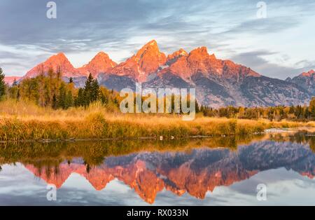 Montagne brillare rosso di sunrise, Grand Teton Range gamma di montagna si riflette nel fiume, paesaggio autunnale su Snake River Foto Stock