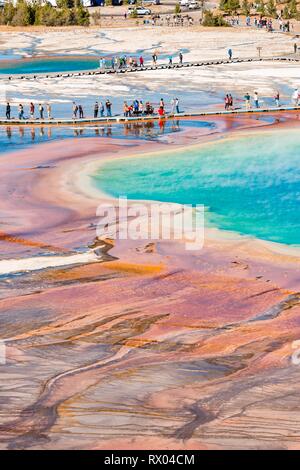 I turisti su un molo nella zona termale, hot springs, Grand Prismatic Spring, Midway Geyser Basin, il Parco Nazionale di Yellowstone Foto Stock