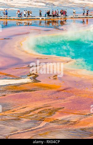 I turisti su un molo nella zona termale, cottura a vapore primavera calda, Grand Prismatic Spring, Midway Geyser Basin Foto Stock