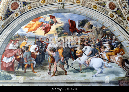 La verniciatura o affresco, Incontro di Leone Magno con Attila (1511-1513), Stanza di Eliodoro, da Raffaello nel Palazzo Apostolico Vaticano Musei Vaticano Foto Stock